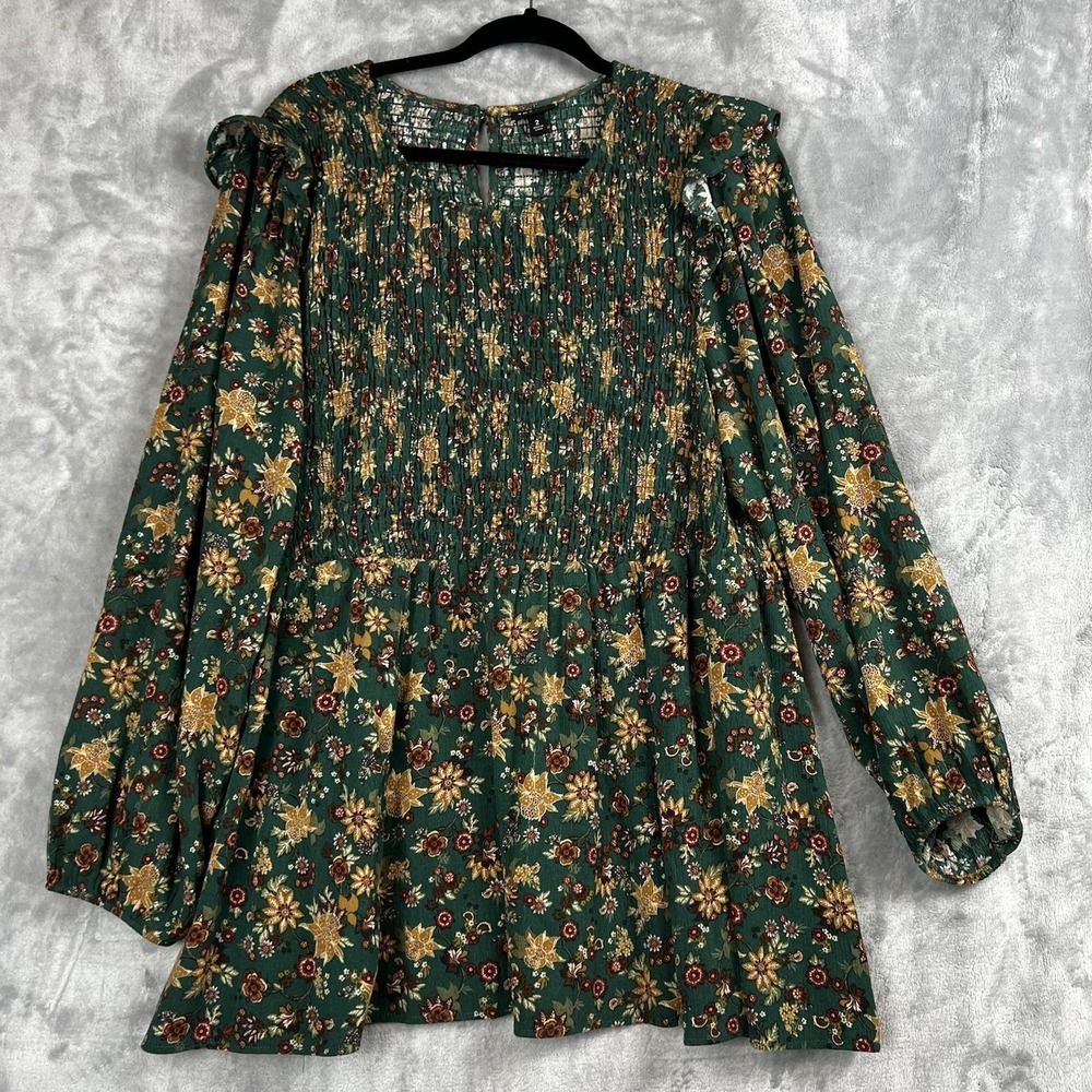 Torrid Women Top 1X Green Smocked Flowy Babydoll Boho Feminine Maximalist